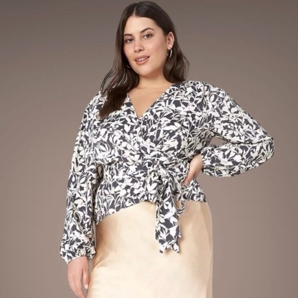 Full Wrap Tropical Cropped Blouse Size 22 Cream Maya Print Ruching Long Tie LNC - Picture 1 of 8